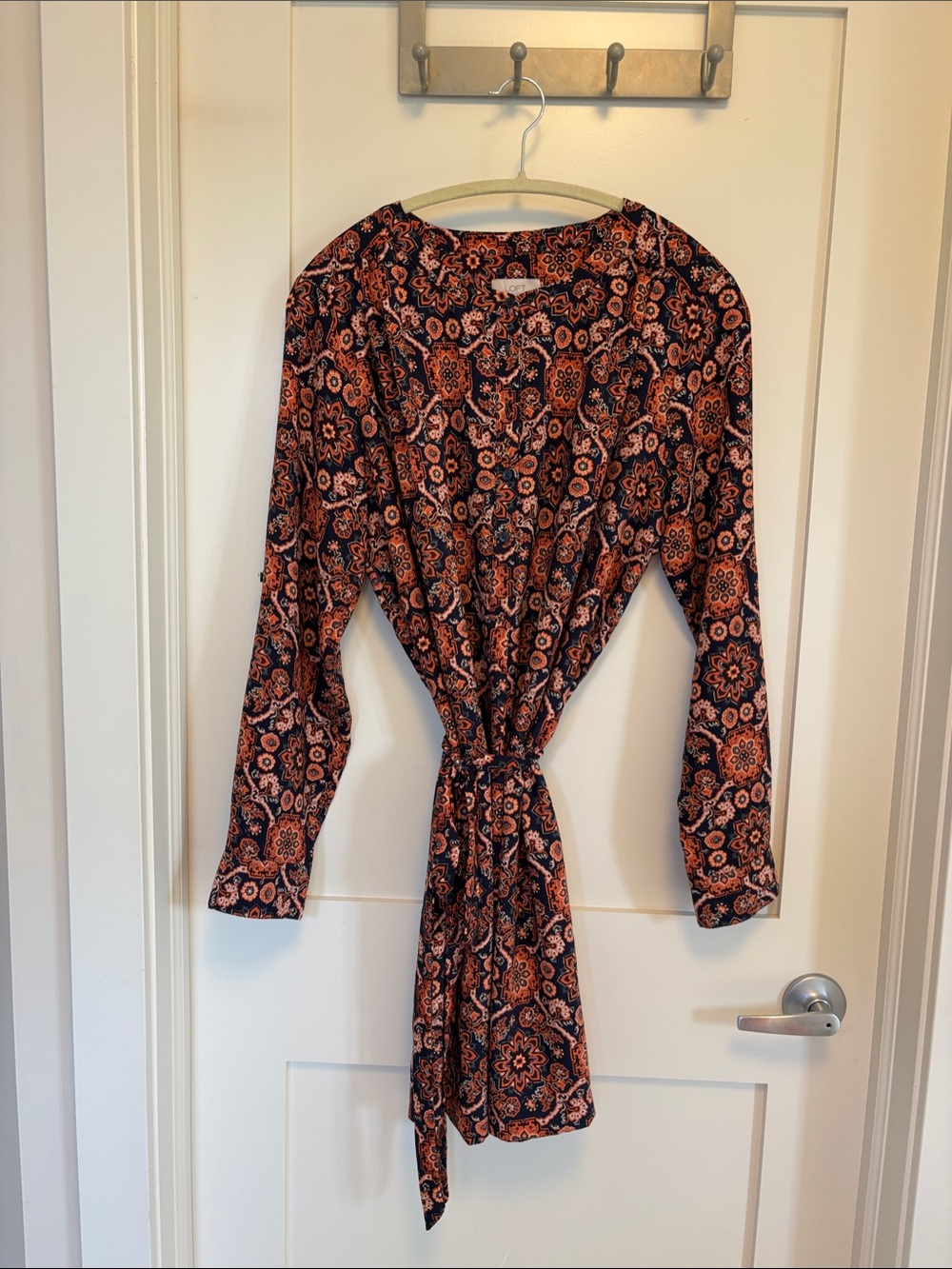 LOFT Navy Dress with Coral Paisley Print